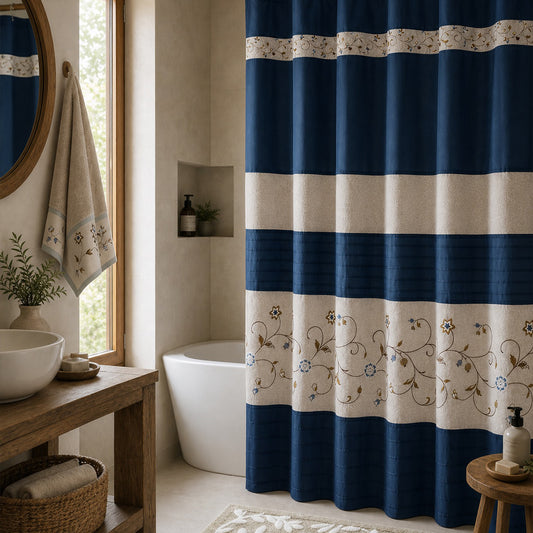 Serene Faux Silk Embroidered Floral Shower Curtain